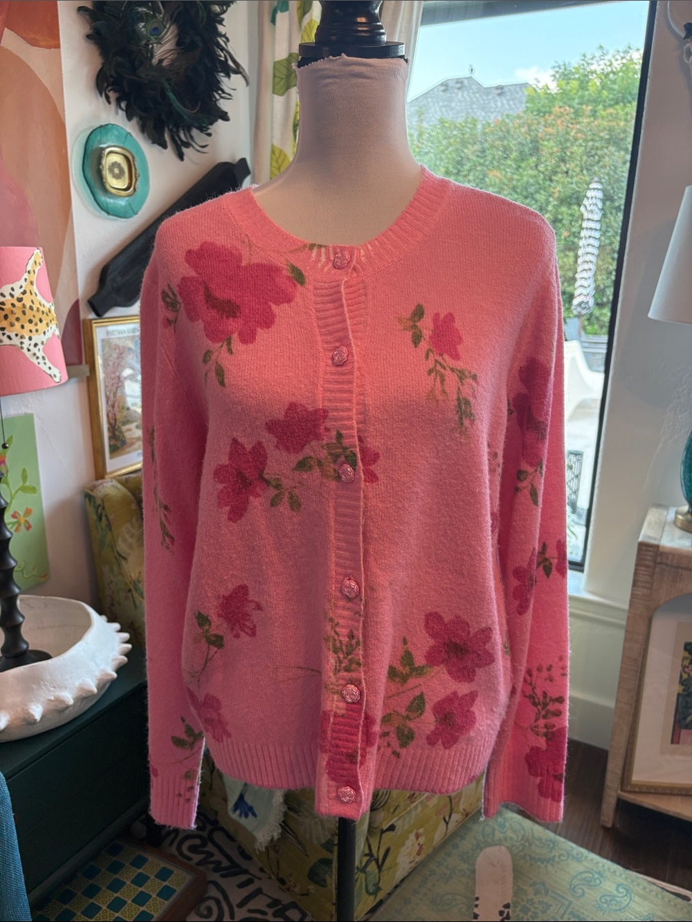 CeCe Pink Floral Button-Front Cardigan Sweater